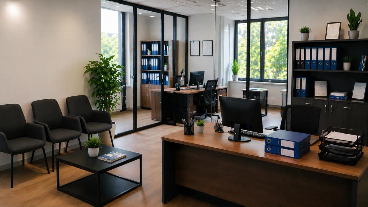 Kancelarija agencije za zapošljavanje sa čekaonicom, radnim stolom i poslovnim prostorom