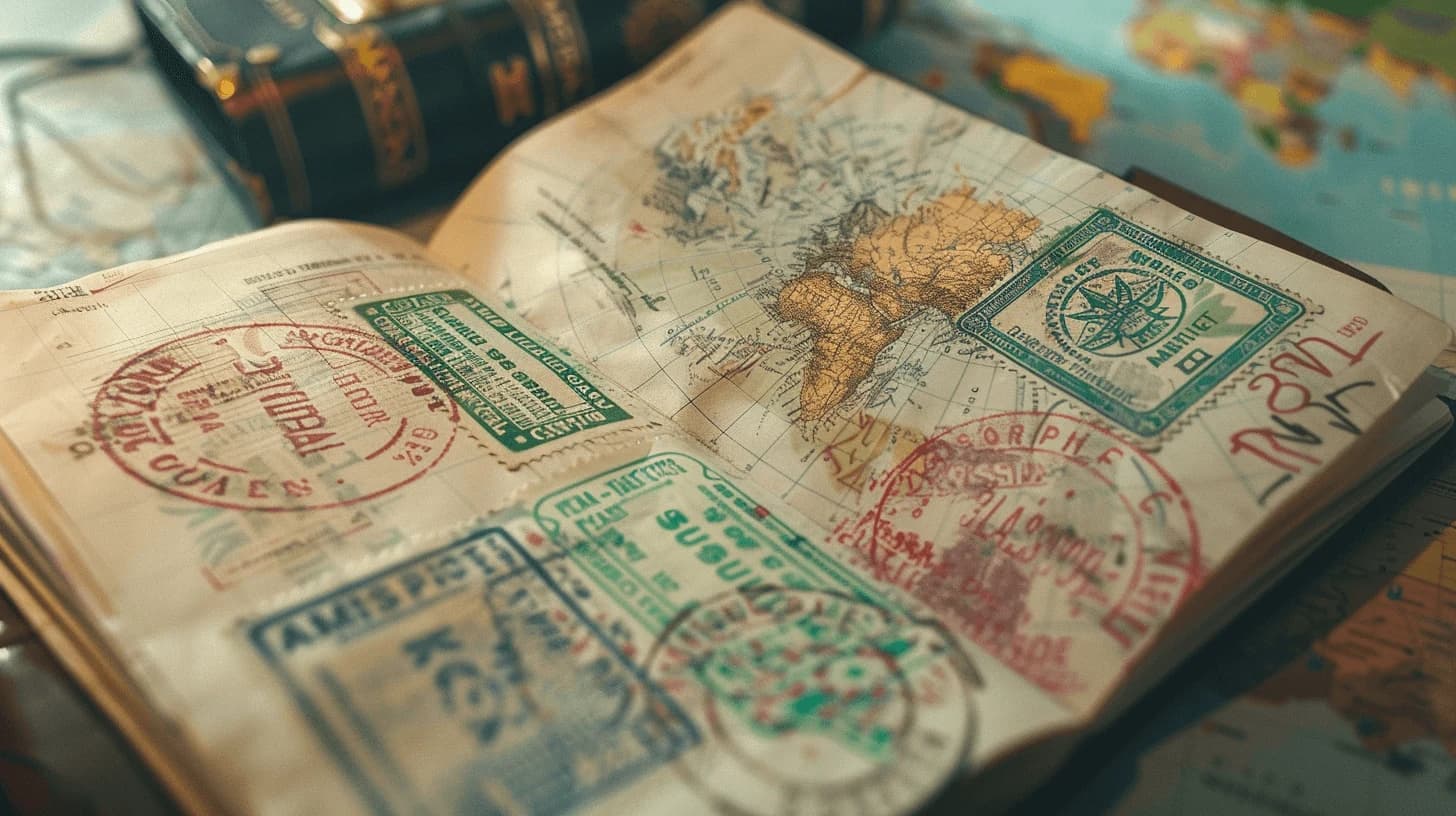 Passport with entry stamps on a world map