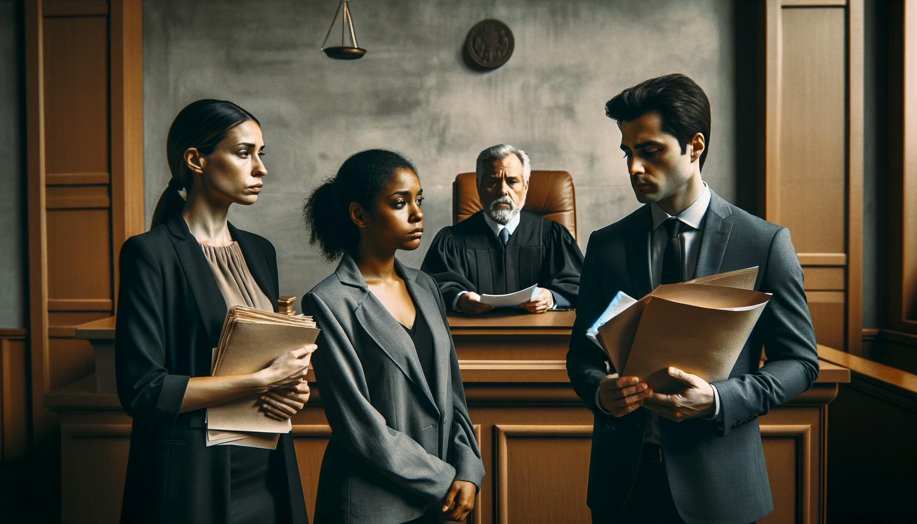 Scena razvoda u sudnici sa sudijom i advokatima različitog porekla.