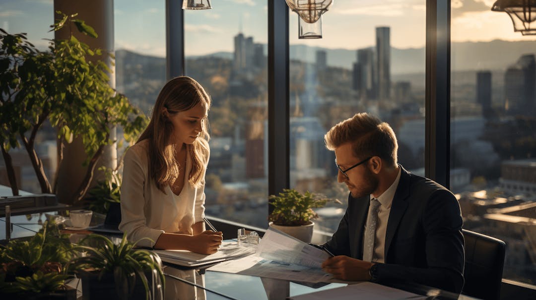 Poslodavac i zaposleni u modernoj kancelariji, u elegantnim poslovnim odelima, rukuju se preko stola, simbolizujući profesionalno sklapanje ugovora o radu.